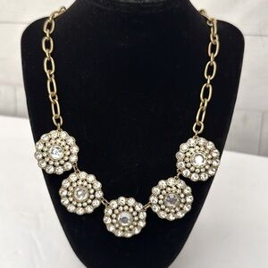 🌟J.Crew Antique Gold Tone Statement Necklace Clear Rhinestone Flowers Medallion